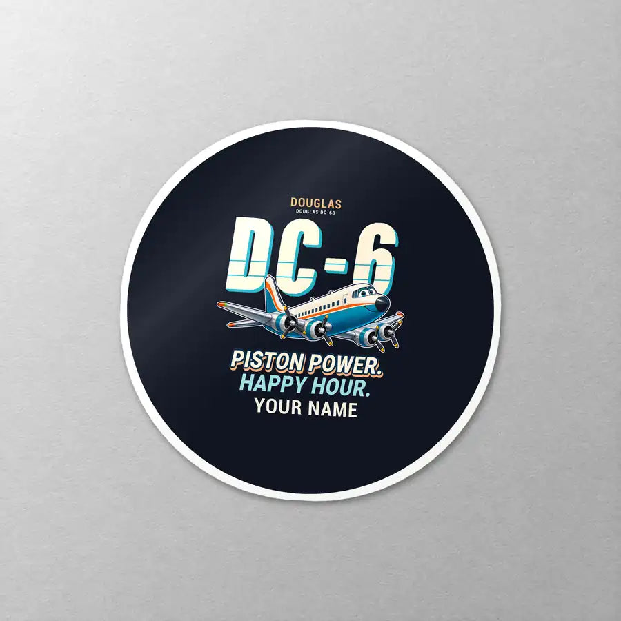 Douglas DC-6B - Cartoon + Name - Circle Sticker - Close-up