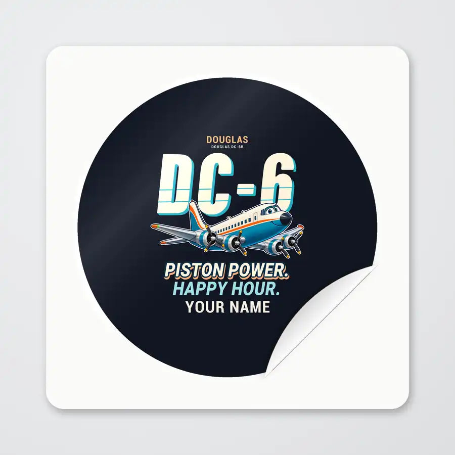 Douglas DC-6B - Cartoon + Name - Circle Sticker - Peel