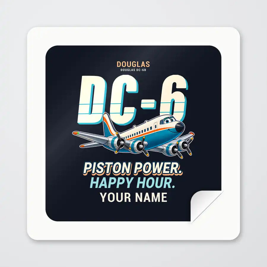 Douglas DC-6B - Cartoon + Name - Square Sticker - Peel