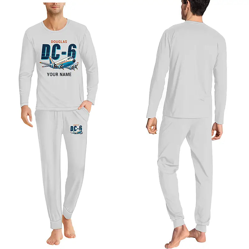 Douglas DC-6B - Men Pajamas - Cartoon Chest + Name - Light Gray
