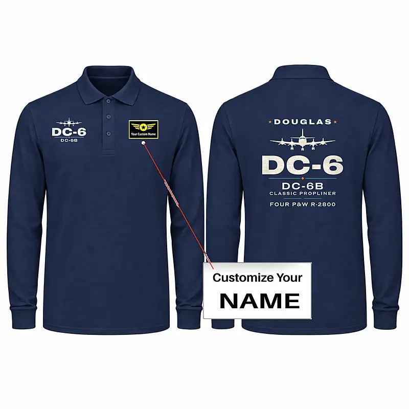 Douglas DC-6B Premium Polo T-Shirts - Heritage + Name - Long Sleeve - Dark Blue
