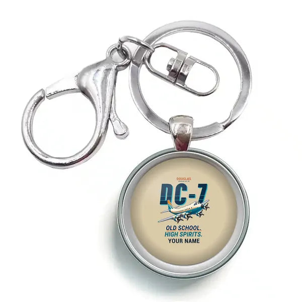 Douglas DC-7B - Cartoon + Name - Circle Key Chain - Beige