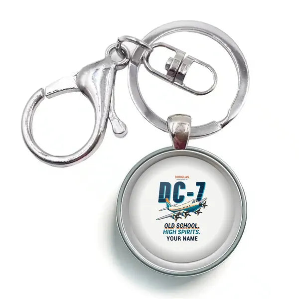 Douglas DC-7B - Cartoon + Name - Circle Key Chain - White