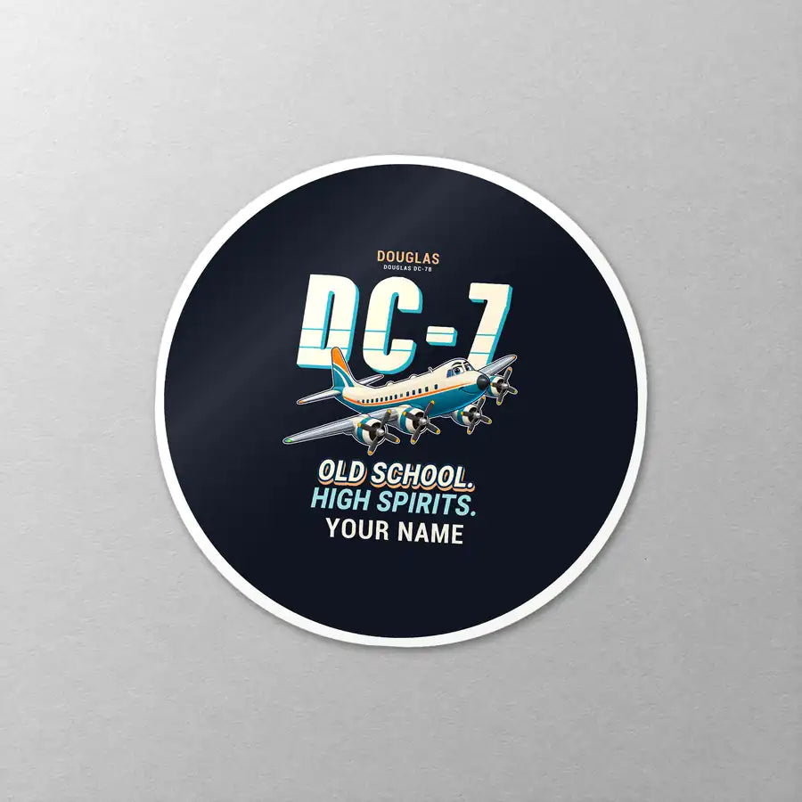 Douglas DC-7B - Cartoon + Name - Circle Sticker - Close-up
