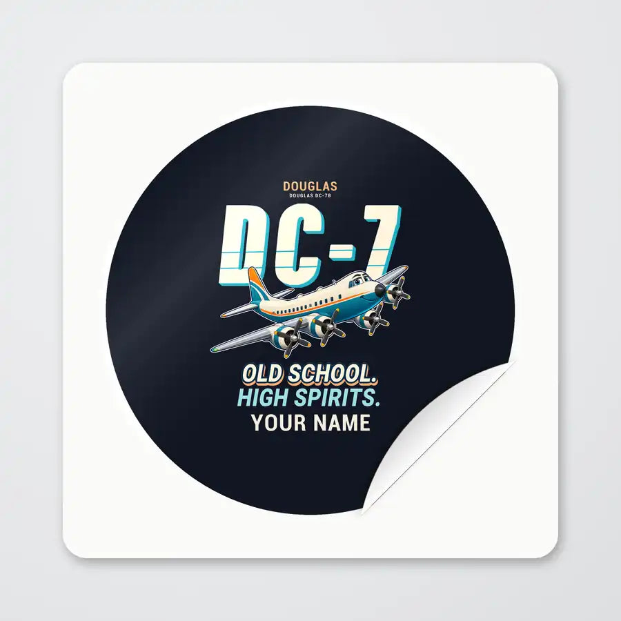 Douglas DC-7B - Cartoon + Name - Circle Sticker - Peel