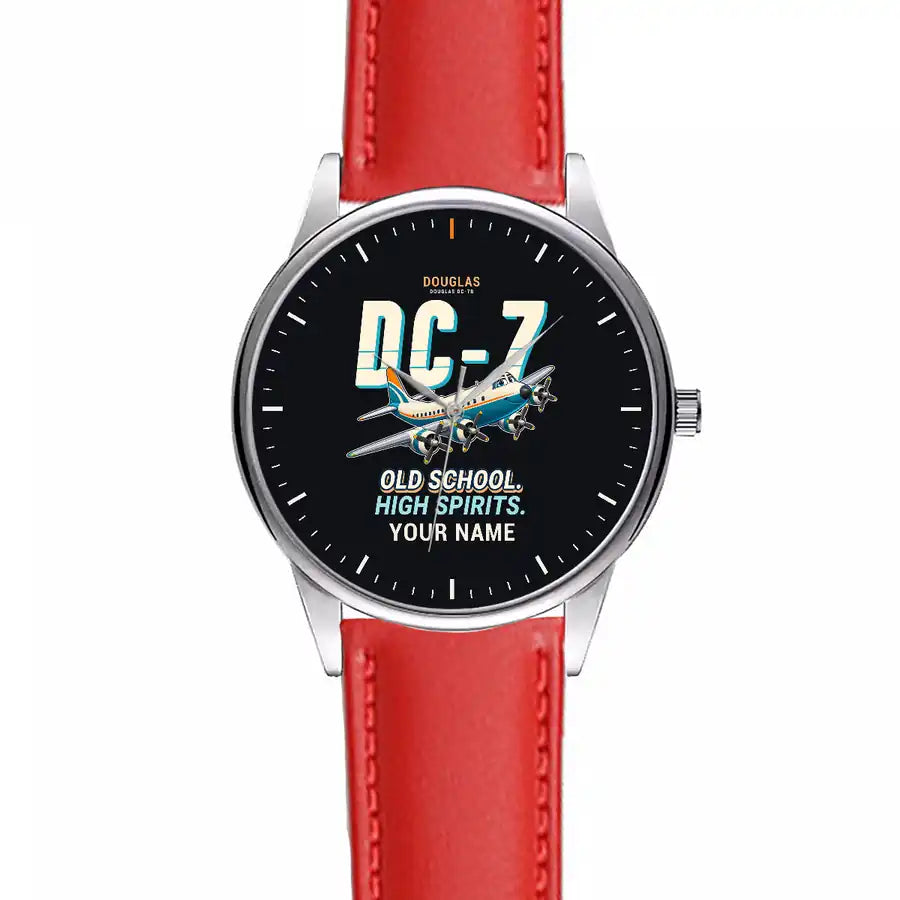 Douglas DC-7B - Cartoon + Name - Leather Strap - Red Leather Strap