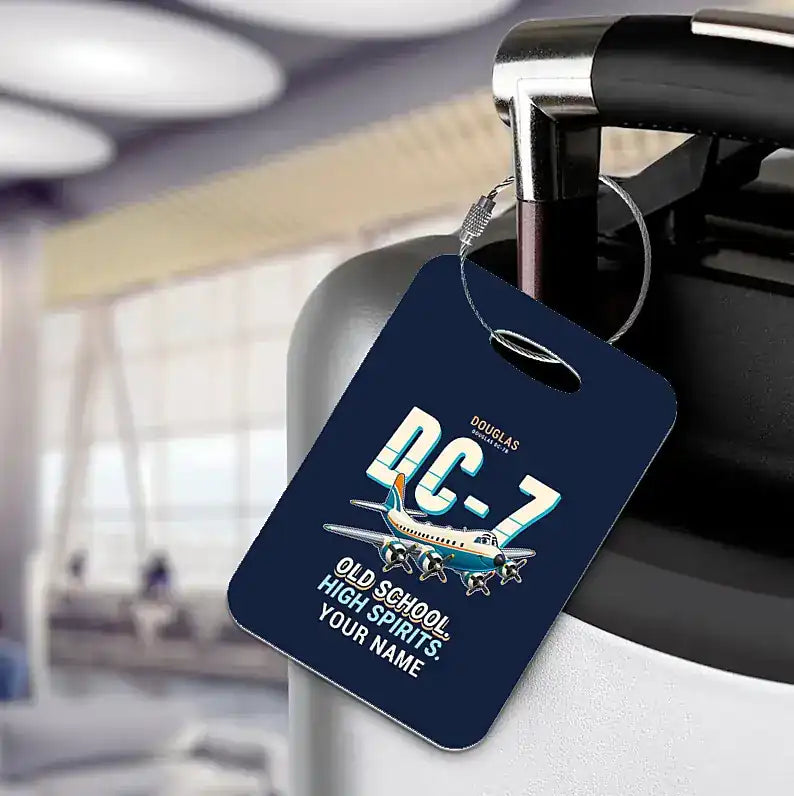 Douglas DC-7B - Cartoon + Name - Luggage Tag - Navy Blue