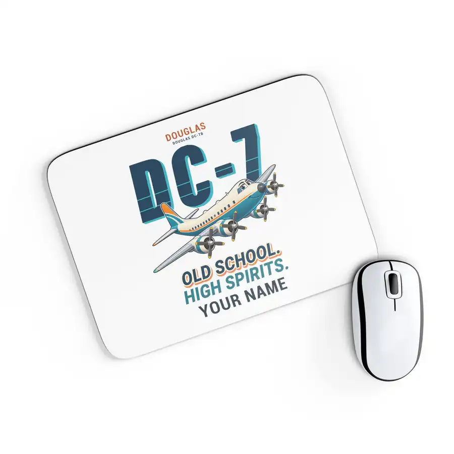 Douglas DC-7B - Cartoon + Name - Mouse Pad - White