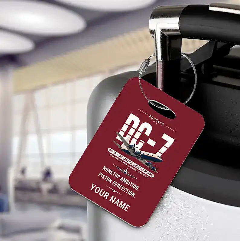 Douglas DC-7B - Original + Name - Luggage Tag - Dark Red