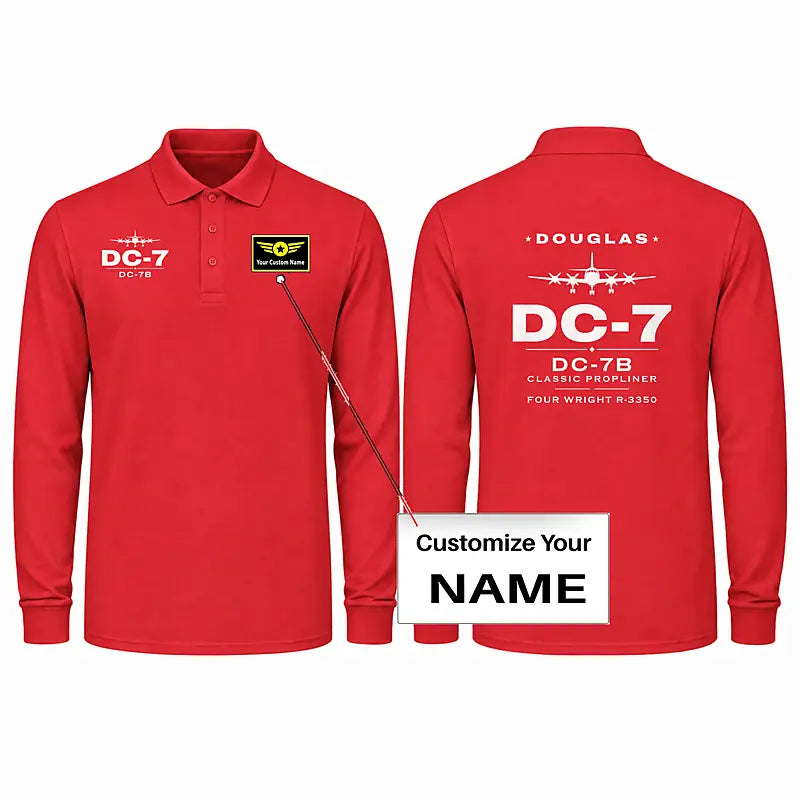 Douglas DC-7B Premium Polo T-Shirts - Heritage + Name - Long Sleeve - Red