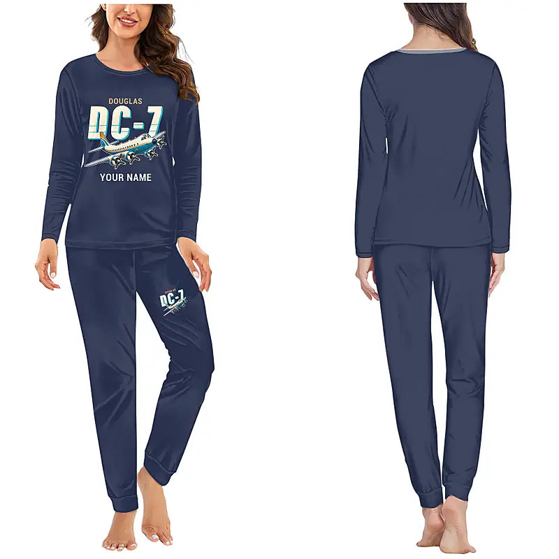 Douglas DC-7B - Women Pajamas - Cartoon Chest + Name - Navy Blue