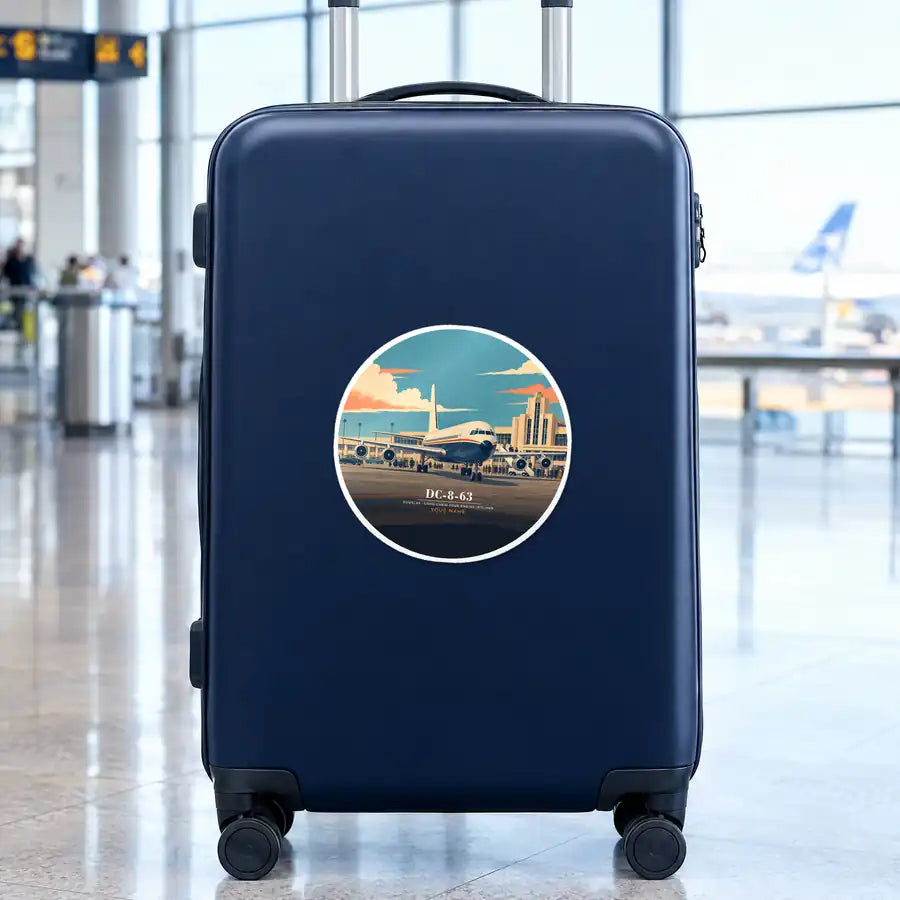 Douglas DC-8-63 - 3D + Name - Circle Sticker - Suitcase