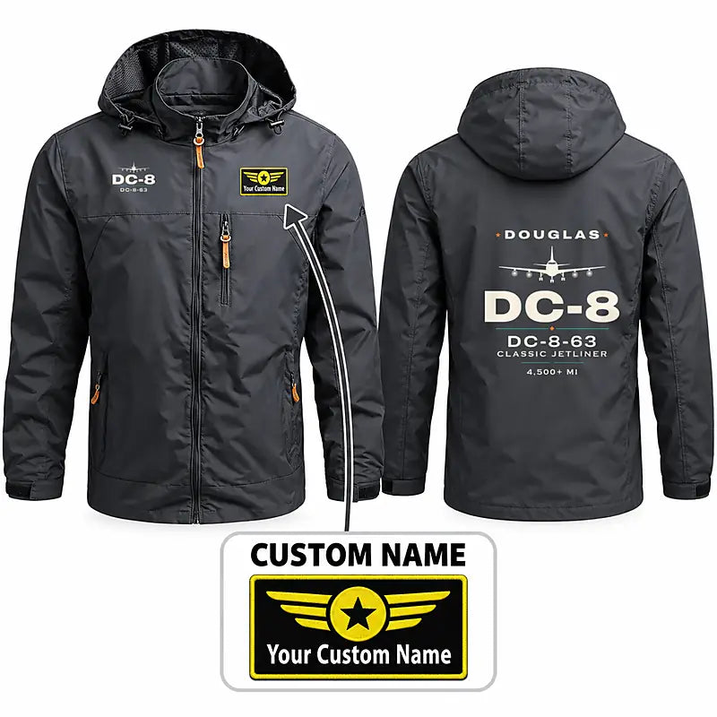 Douglas DC-8-63 Stylish Jackets - Hooded Windbreaker - Heritage + Name - Charcoal