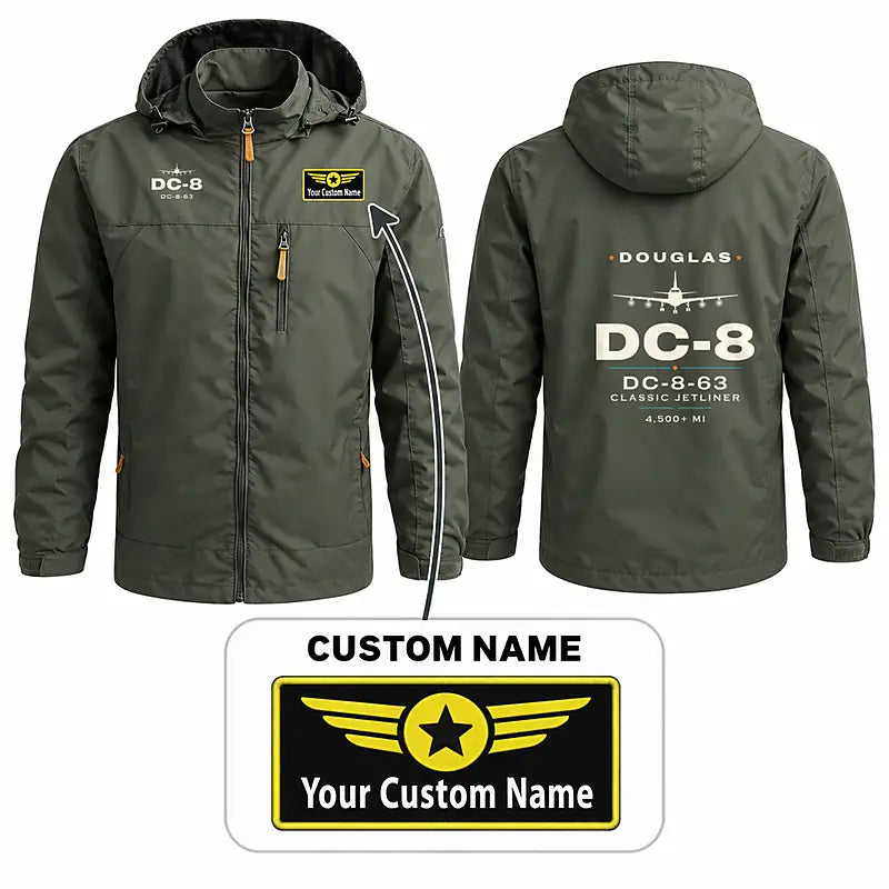 Douglas DC-8-63 Stylish Jackets - Hooded Windbreaker - Heritage + Name - Olive Green