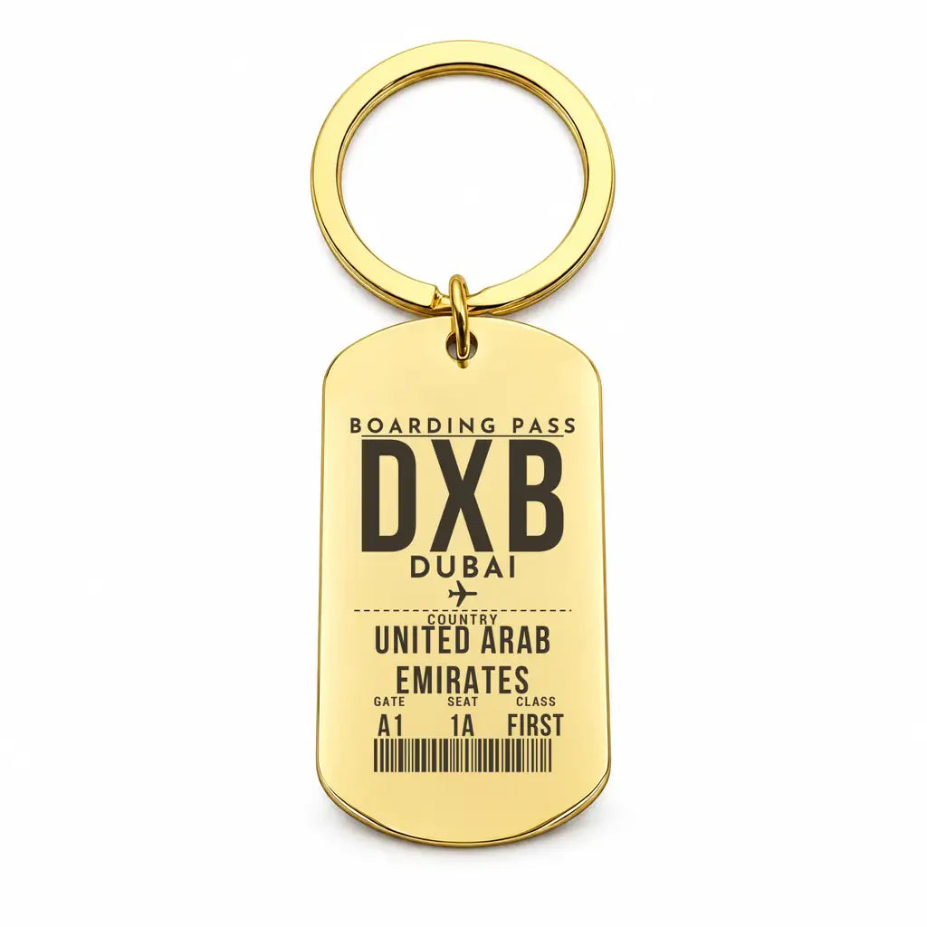 Dubai International Airport DXB - Key Chain - Boarding Pass Style - Gold