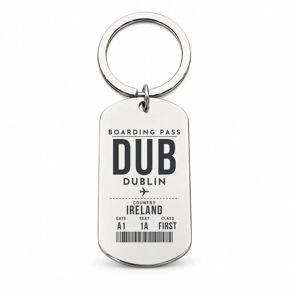 Dublin Airport DUB - Key Chain - Boarding Pass Style - Silver