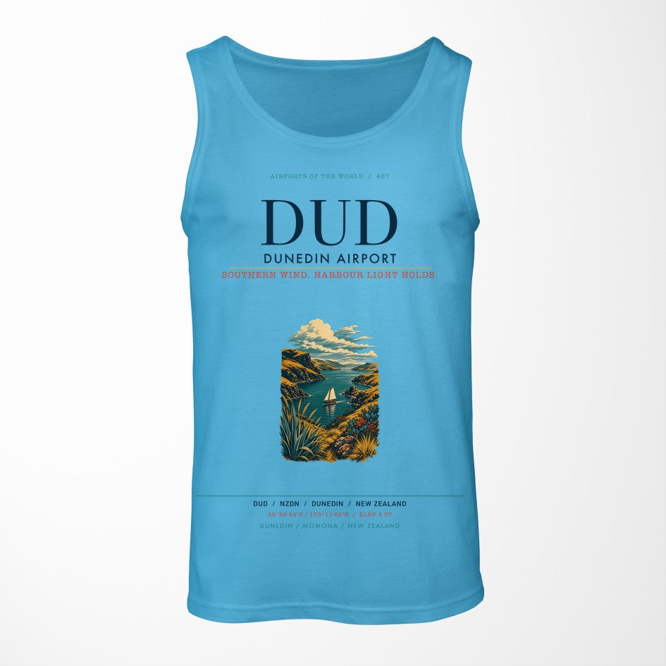 Dunedin Airport (DUD) design on sky blue tank top