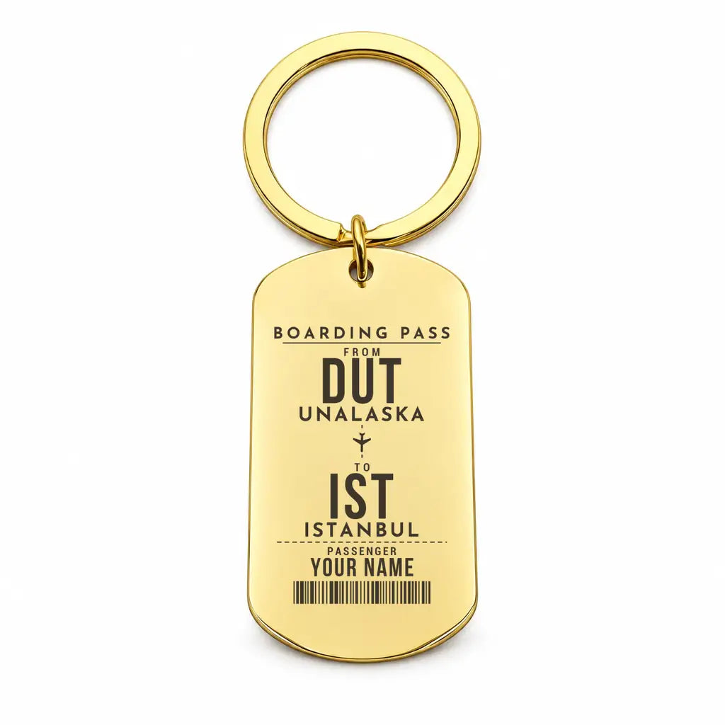 Dutch Harbor Unalaska Airport DUT - Key Chain - Customizable Boarding Pass - Gold