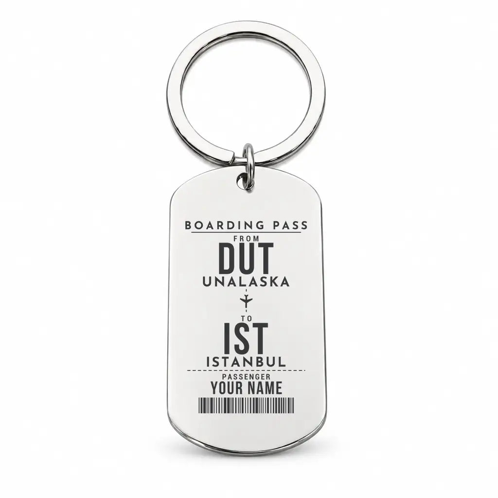 Dutch Harbor Unalaska Airport DUT - Key Chain - Customizable Boarding Pass - Silver