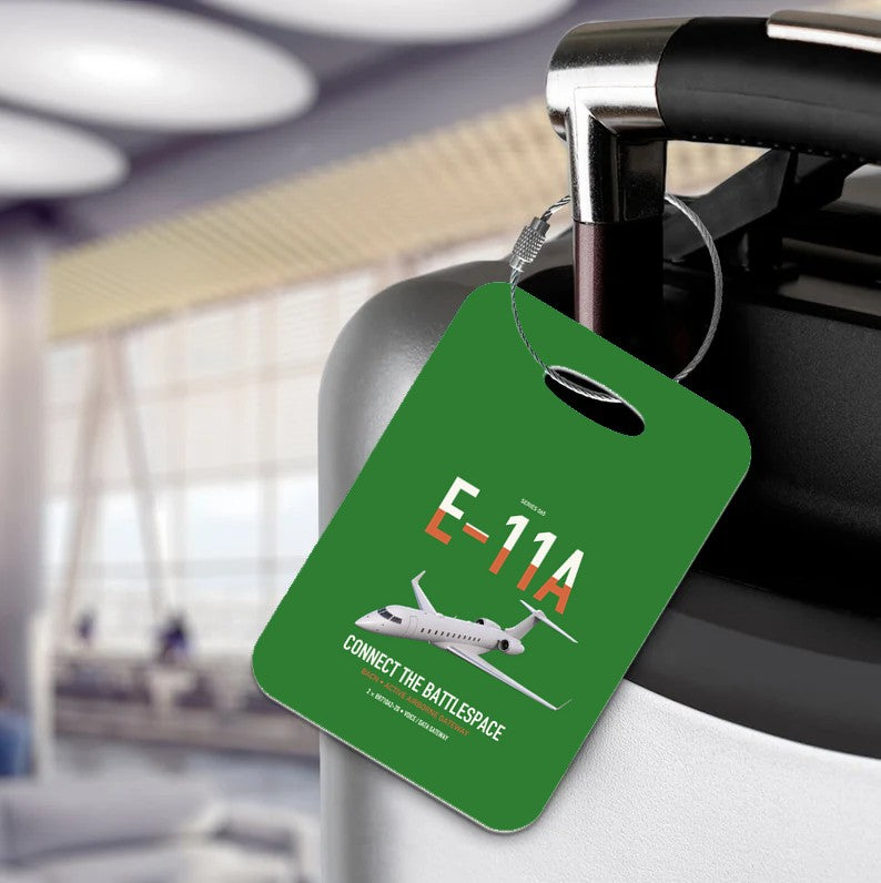 E-11A BACN design on green acrylic luggage tags, double-side print