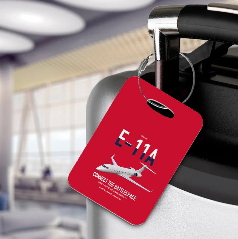 E-11A BACN design on red acrylic luggage tags, double-side print