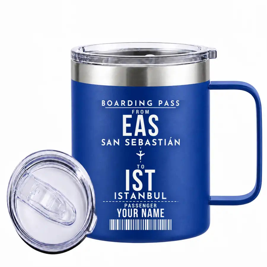 San Sebastián Airport (EAS) Stainless Steel Mugs - Customizable Boarding Pass - Stainless Steel Mug - 14 oz / 400ML - Blue