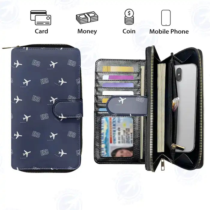 Entebbe International Airport (EBB) Leather Wallets - Zip Long Wallet - Pattern - Navy Blue