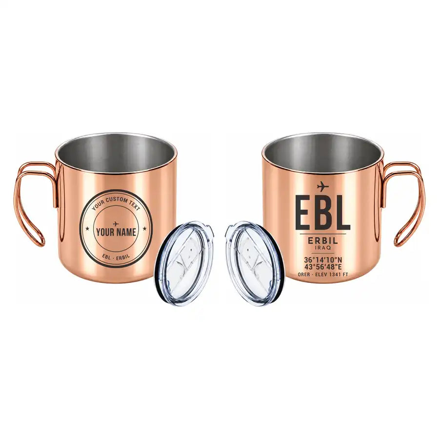 Erbil International Airport (EBL) Stainless Steel Mugs - ID Tag + Custom Back - Portable Mug - Copper