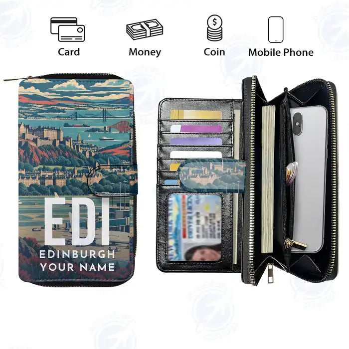 Edinburgh Airport (EDI) Leather Wallets - Zip Long Wallet - Scene + Name