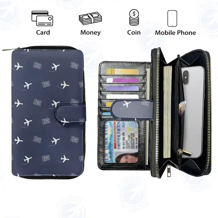 Egilsstaðir Airport (EGS) Leather Wallets - Zip Long Wallet - Pattern - Navy Blue
