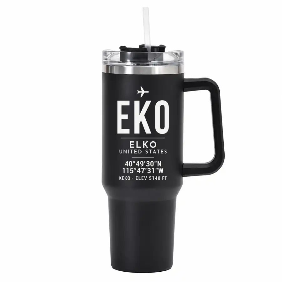 Elko Regional Airport (EKO) Stainless Steel Mugs - ID Tag - 40oz Car Mug - Black