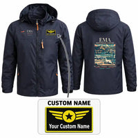 Thumbnail for East Midlands Airport (EMA) Stylish Jackets - Hooded Windbreaker - Poster + Name - Navy Blue
