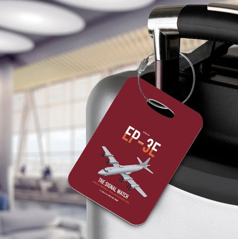 EP-3E ARIES II design on dark red acrylic luggage tags, double-side print
