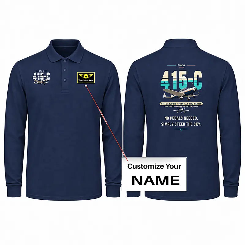 ERCO 415-C Ercoupe Premium Polo T-Shirts - Original + Name - Long Sleeve - Dark Blue