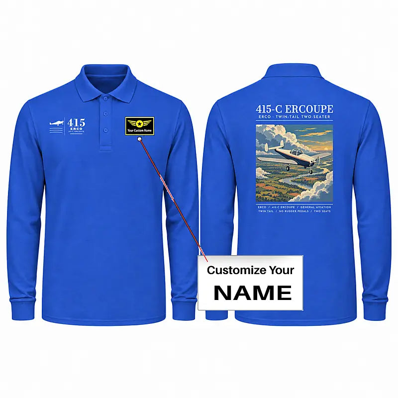 ERCO 415-C Ercoupe Premium Polo T-Shirts - Poster + Name - Long Sleeve - Blue