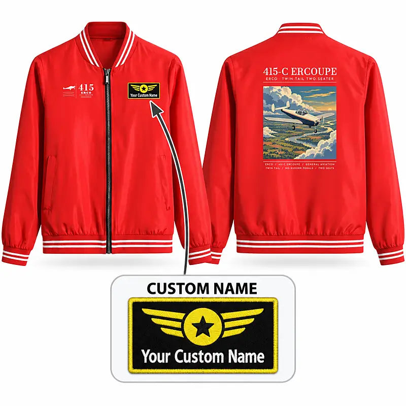 ERCO 415-C Ercoupe Stylish Jackets - Baseball Collar - Poster + Name - Red