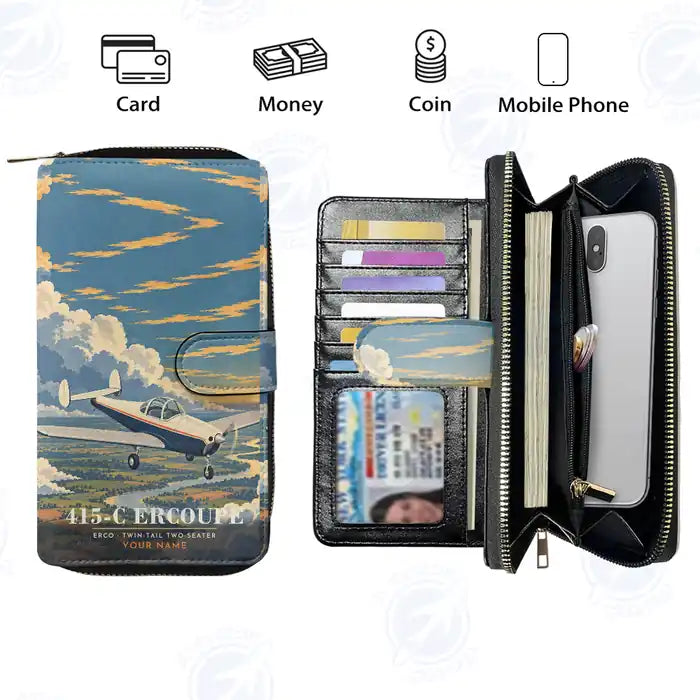 ERCO 415-C Ercoupe Leather Wallets - Zip Long Wallet - 3D + Name