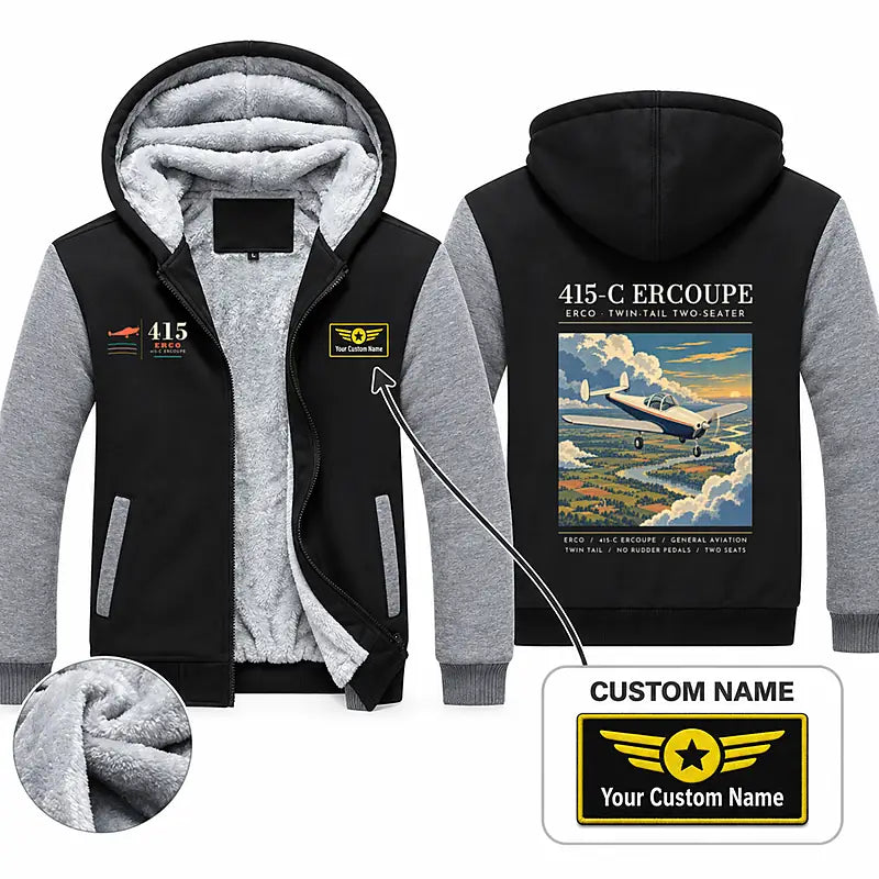 ERCO 415-C Ercoupe Zipped Sweatshirts - Poster + Name - Black & Gray