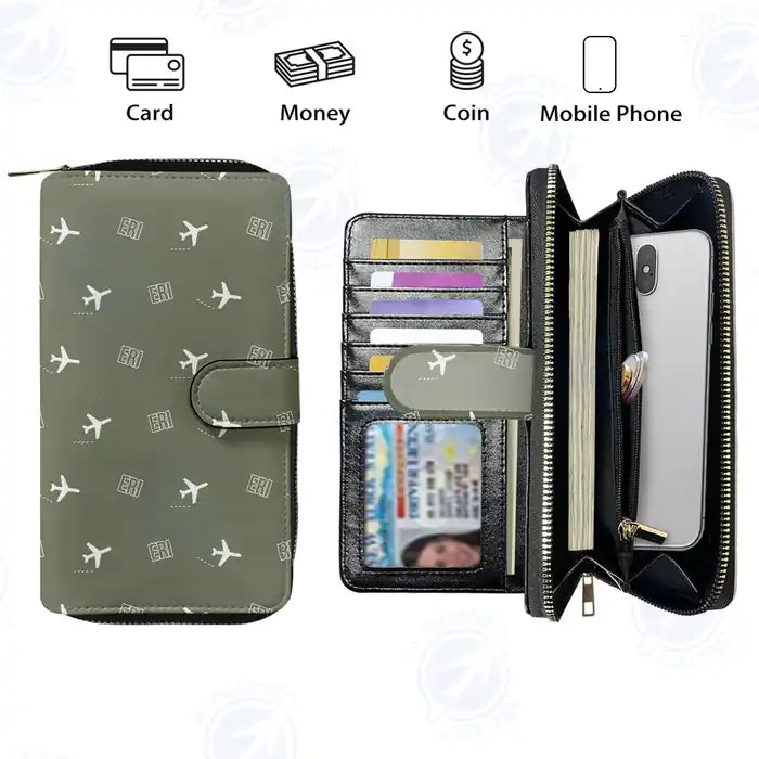Erie International Airport (Tom Ridge Field) (ERI) Leather Wallets - Zip Long Wallet - Pattern - Green Army