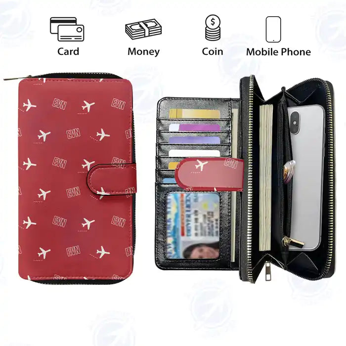 Zvartnots International Airport (EVN) Leather Wallets - Zip Long Wallet - Pattern - Red