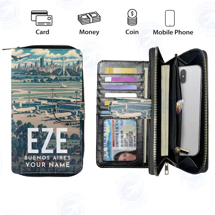 Buenos Aires Ministro Pistarini International Airport (EZE) Leather Wallets - Zip Long Wallet - Scene + Name