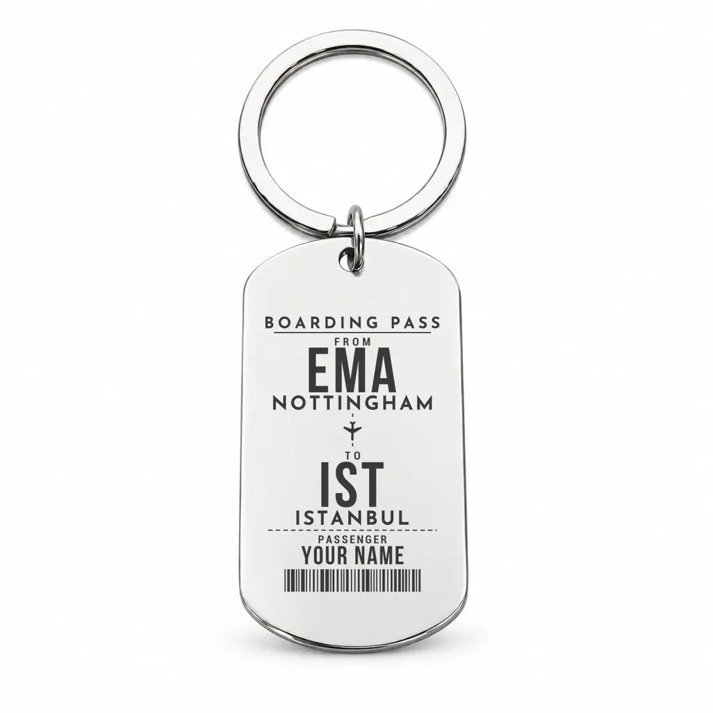 East Midlands Airport EMA — Nottingham - Key Chain - Customizable Boarding Pass - Silver