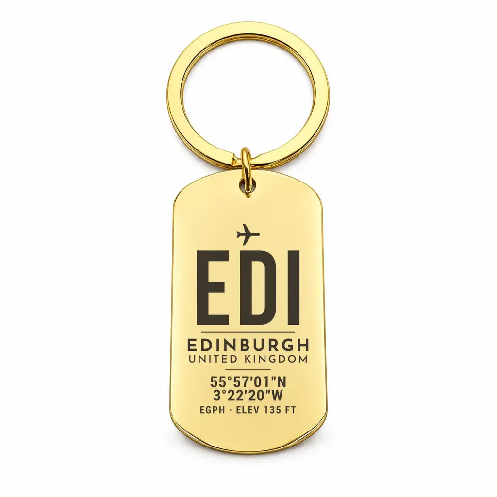 Edinburgh Airport EDI - Firth Stone Heather Crest - Key Chain - Original Design - Gold