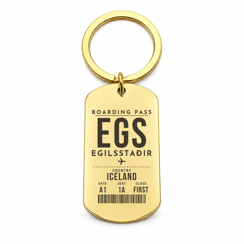 Egilsstaðir Airport EGS - Key Chain - Boarding Pass Style - Gold