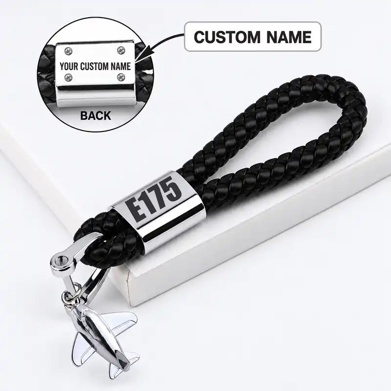 Embraer E175 - Leather Key Chain - Braided Leather - Tag - Black + Name