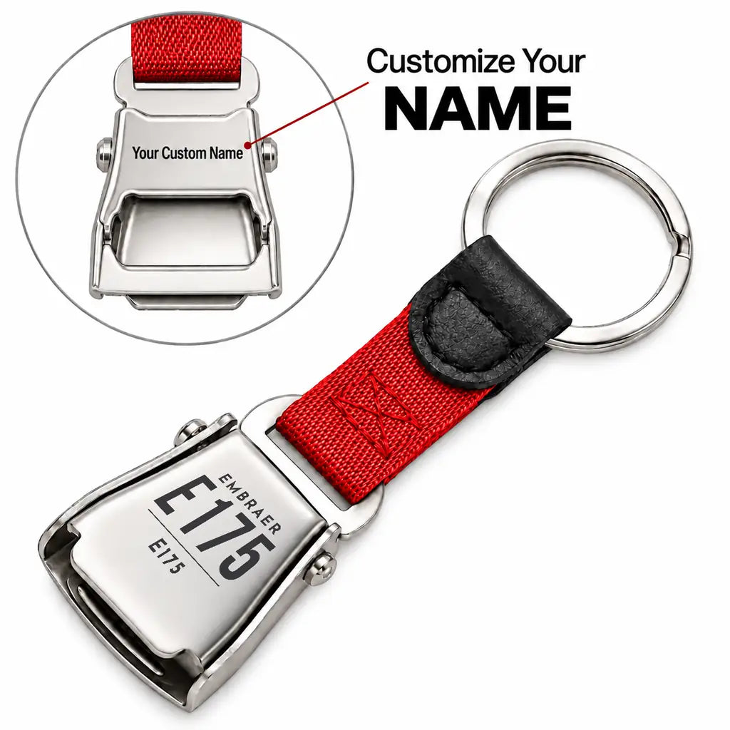 Embraer E175 - Seat Belt Key Chain - Tag + Name - Red