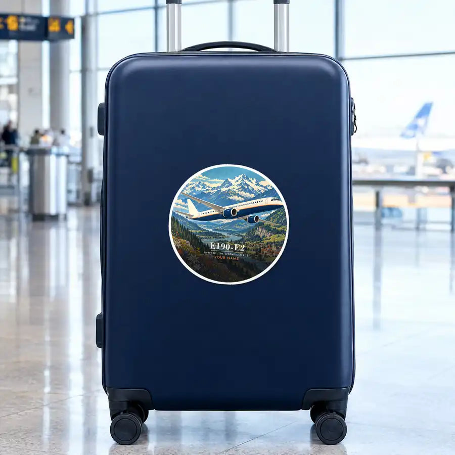 Embraer E190-E2 - 3D + Name - Circle Sticker - Suitcase