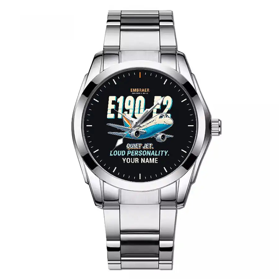 Embraer E190-E2 - Cartoon + Name - Stainless Steel Band - For Men
