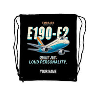 Thumbnail for Embraer E190-E2 - Drawstring Bag - Cartoon + Name - Black