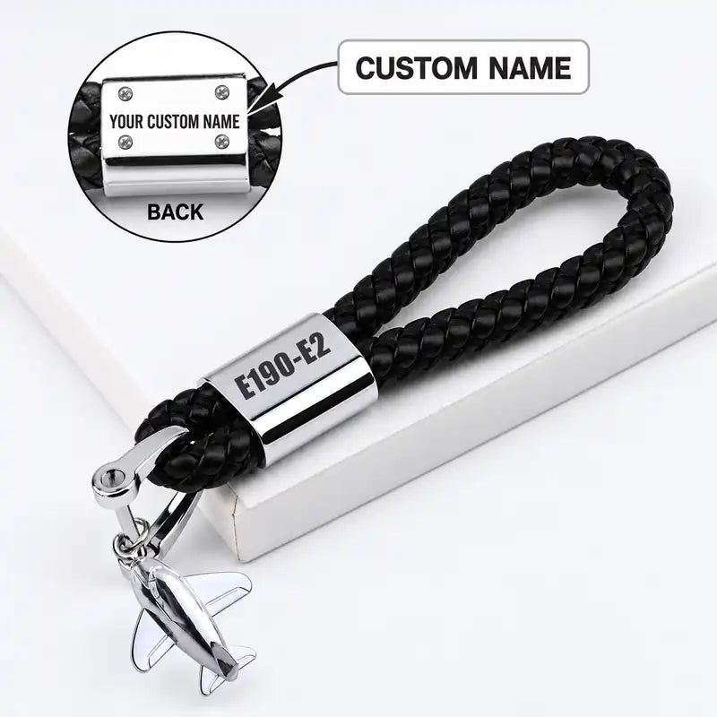 Embraer E190-E2 - Leather Key Chain - Braided Leather - Tag - Black + Name